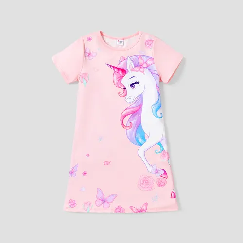 Kid Girl Unicorn Print Short-sleeve Light Pink Dress