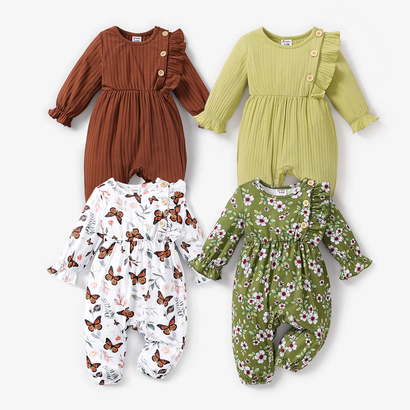 BABY GIRL Sweet Butterfly/Solid color/Floral print Jumpsuit, Soft Ruffle Edge, 1 Piece, Medium Thickness, Polyester Spandex