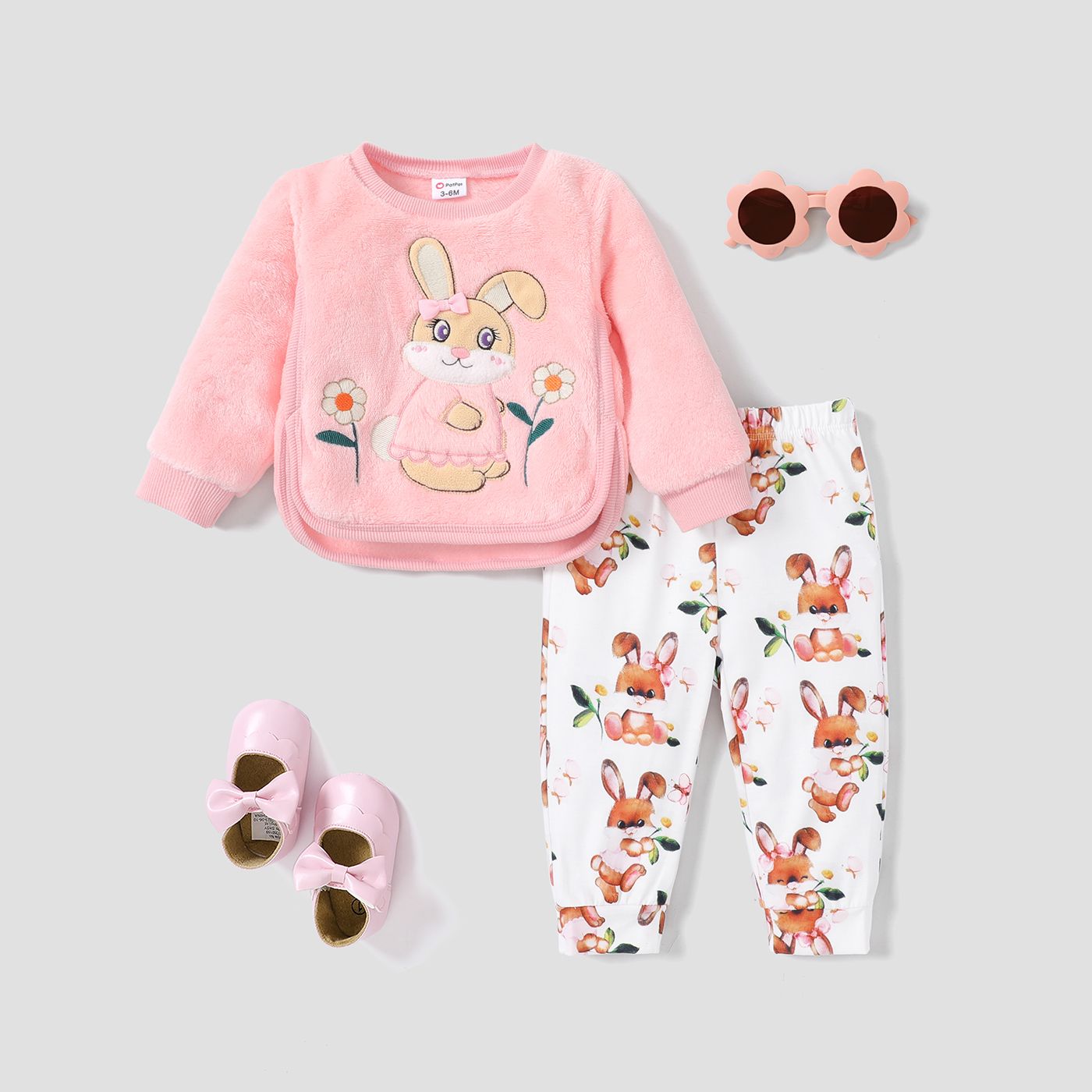 Baby Girl's 2pcs Rabbit Animal Pattern Asymmetrical Hemline Fuzzy Sweatshirt And Pants Set
