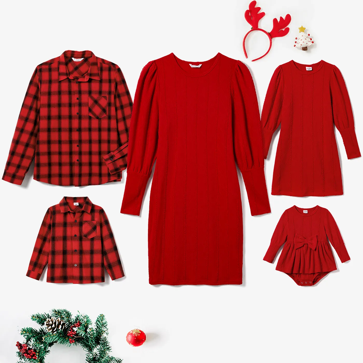 Family Matching Long Sleeve Plaid Patch Pocket Shirts and Solid Color Puff Sleeve Dresses Sets
