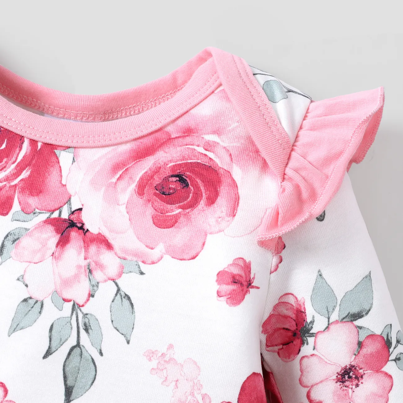 2pcs Baby Girl Floral Sweet Long Sleeve Jumpsuit Set Light Pink big image 1