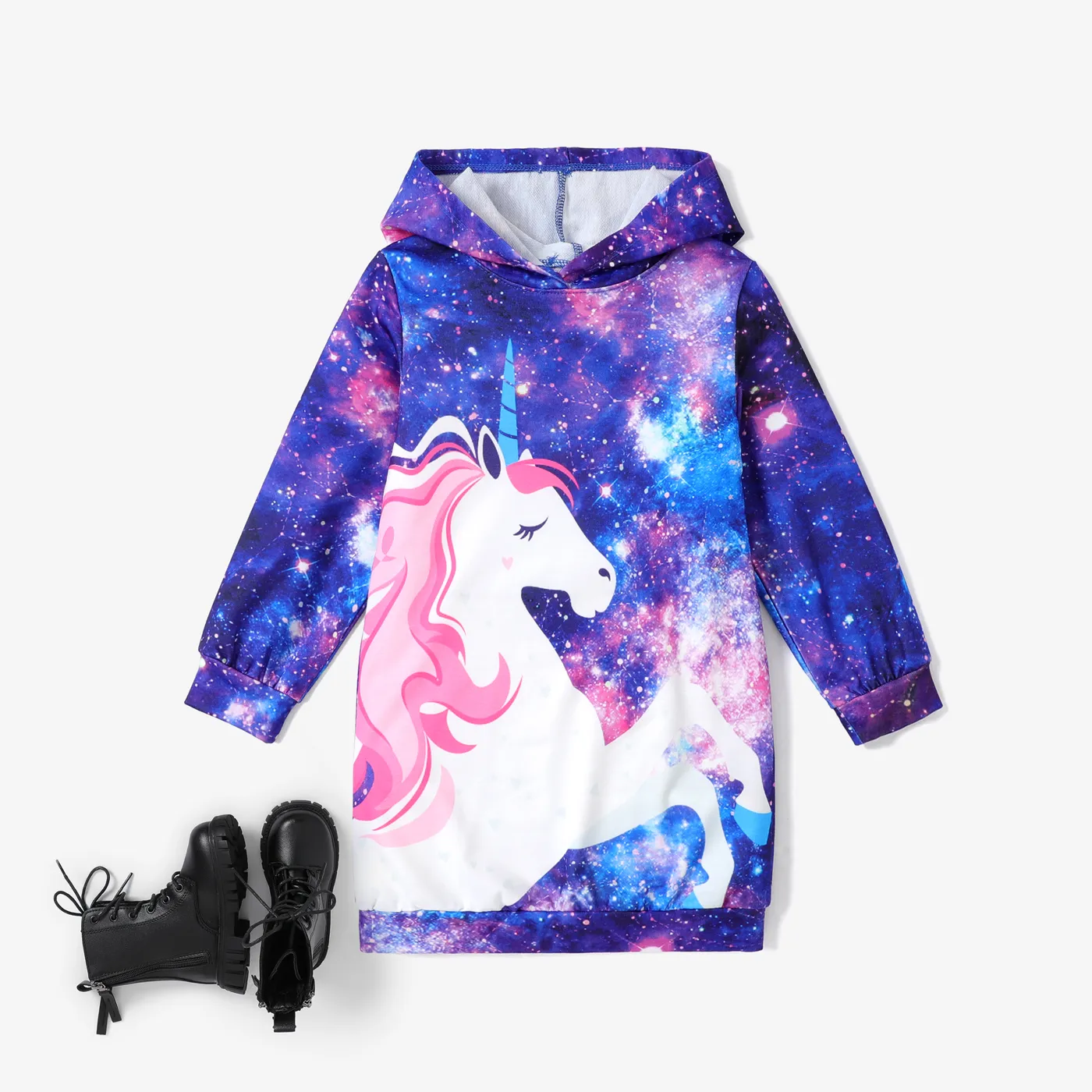 Kid Girls Unicorn Allover Animal Print Bold Color Hooded Dress
