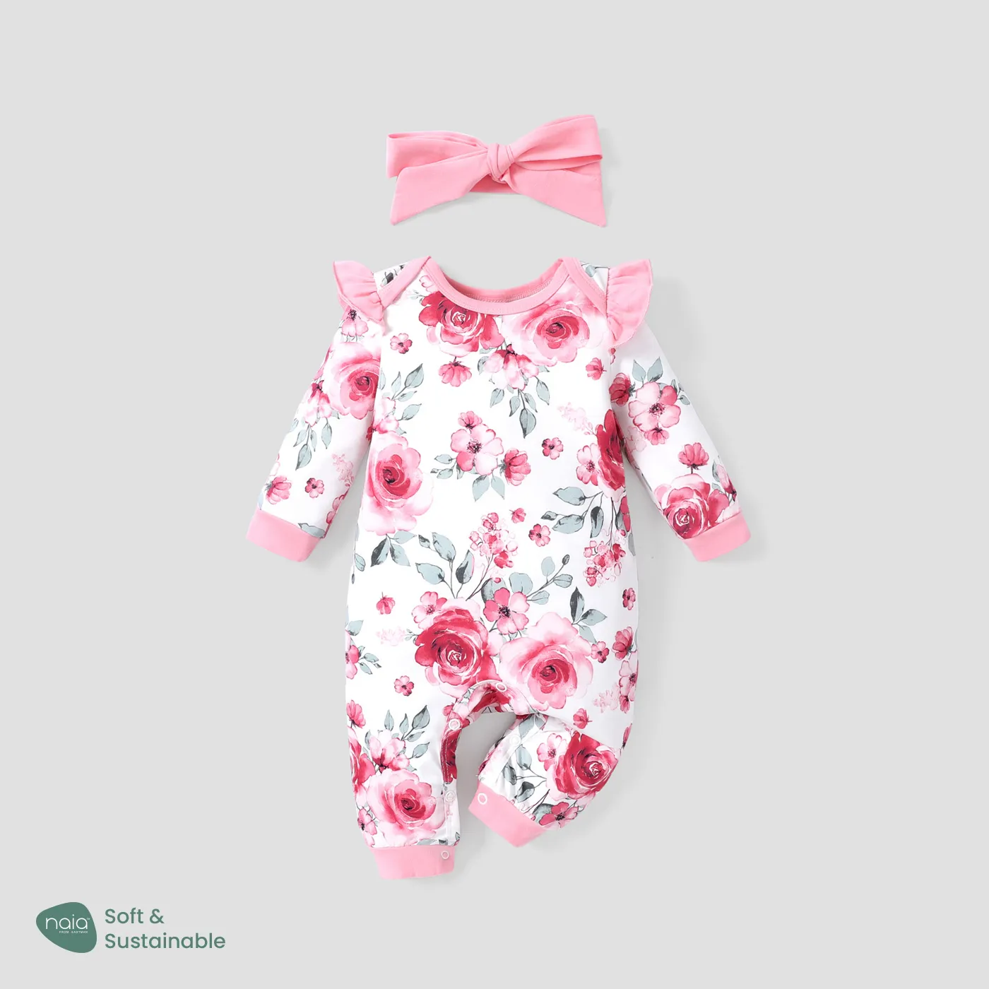 2pcs Baby Girl Floral Sweet Long Sleeve Jumpsuit Set Light Pink