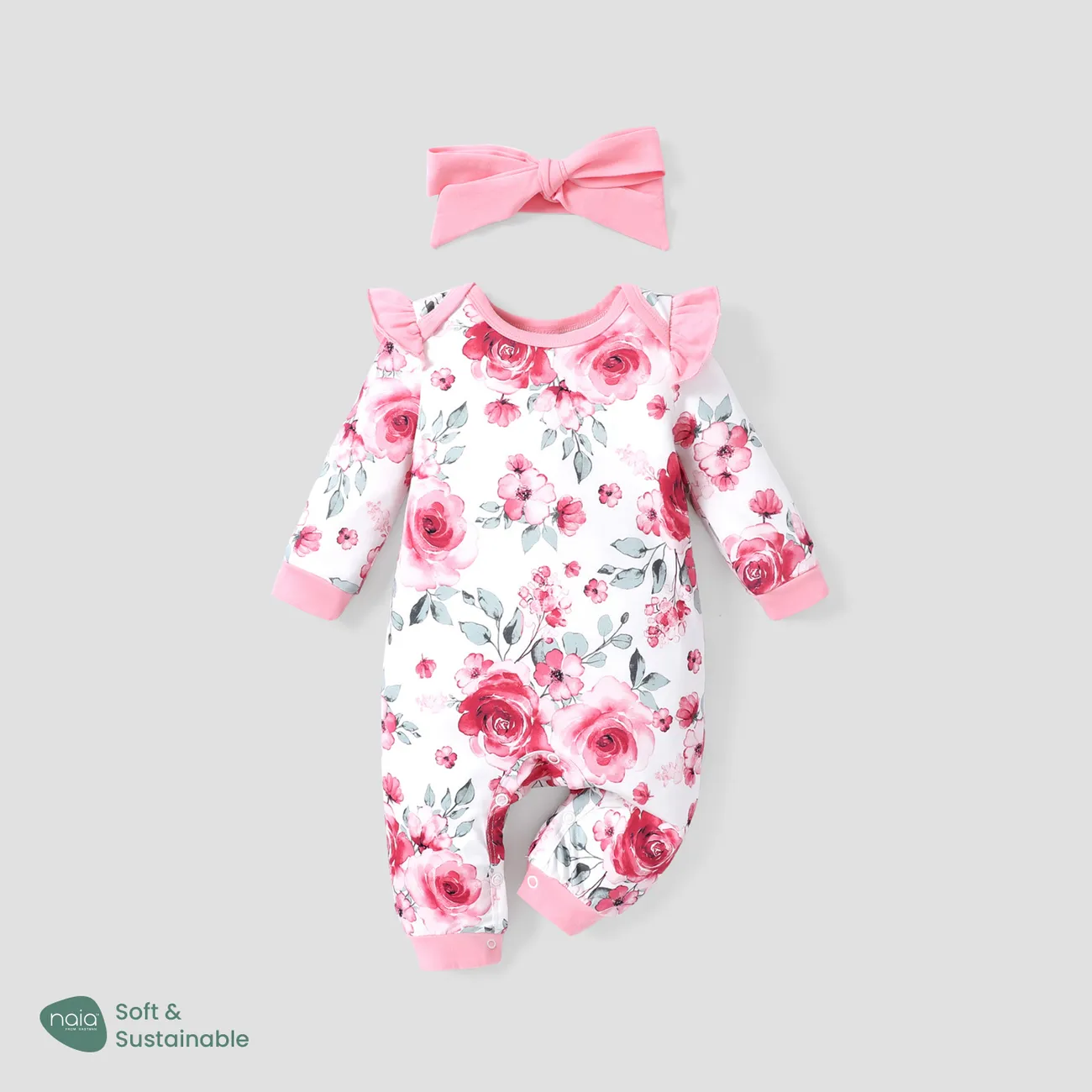 2pcs Baby Girl Floral Sweet Long Sleeve Jumpsuit Set Light Pink big image 1