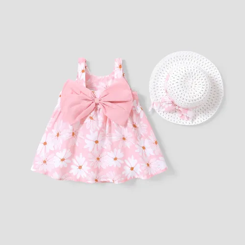 2pcs Baby Girl All Over Daisy Floral Print Bowknot Sleeveless Tank Dress with Hat Set