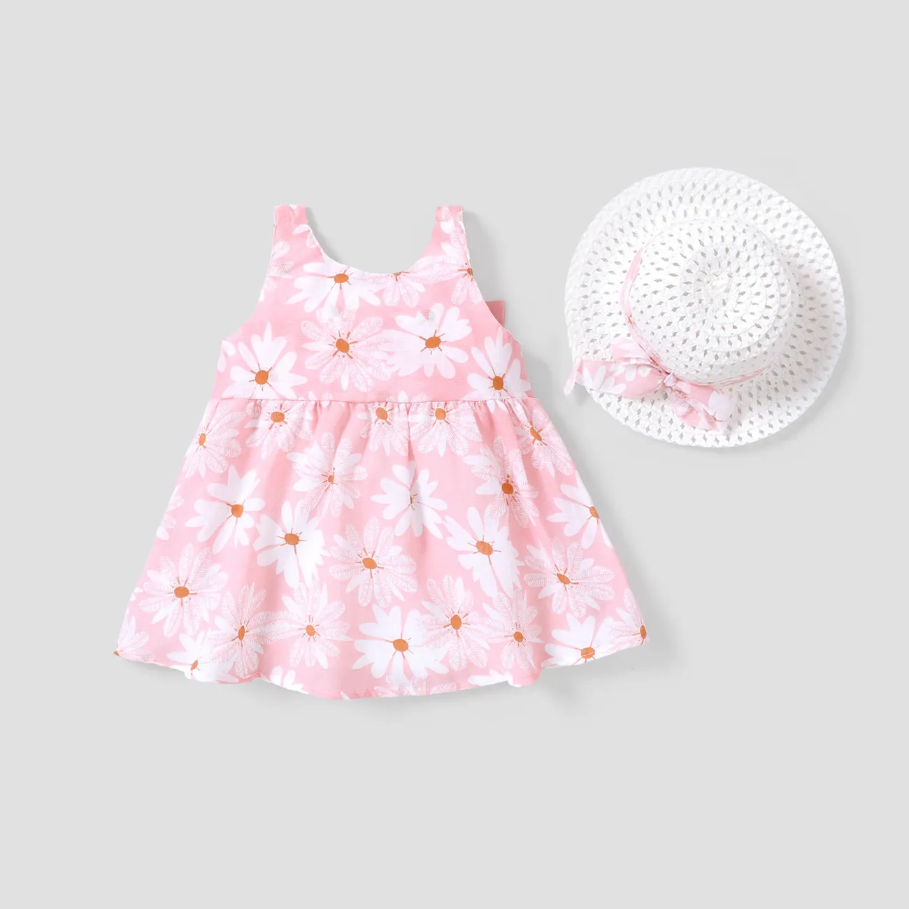 2pcs Baby Girl All Over Daisy Floral Print Bowknot Sleeveless Tank Dress with Hat Set Pink big image 1