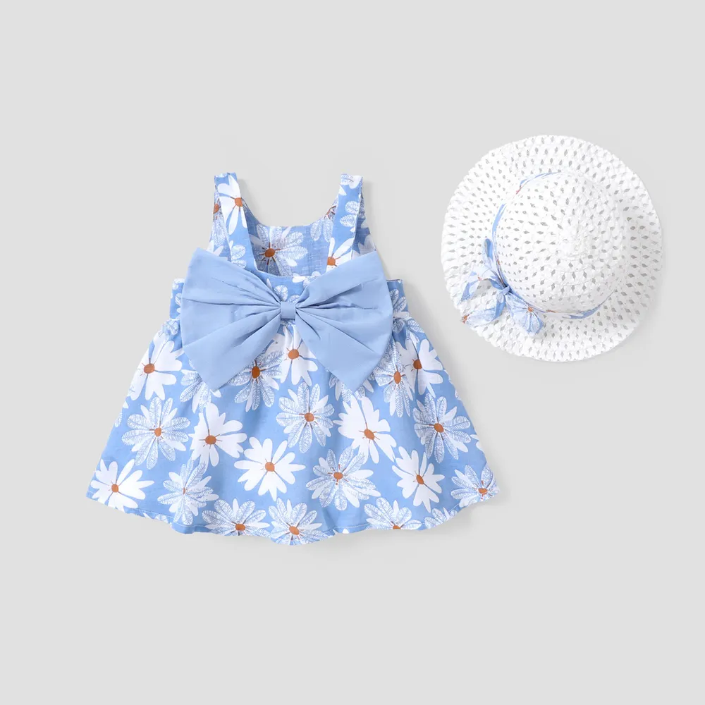 2pcs Baby Girl All Over Daisy Floral Print Bowknot Sleeveless Tank Dress with Hat Set  big image 1