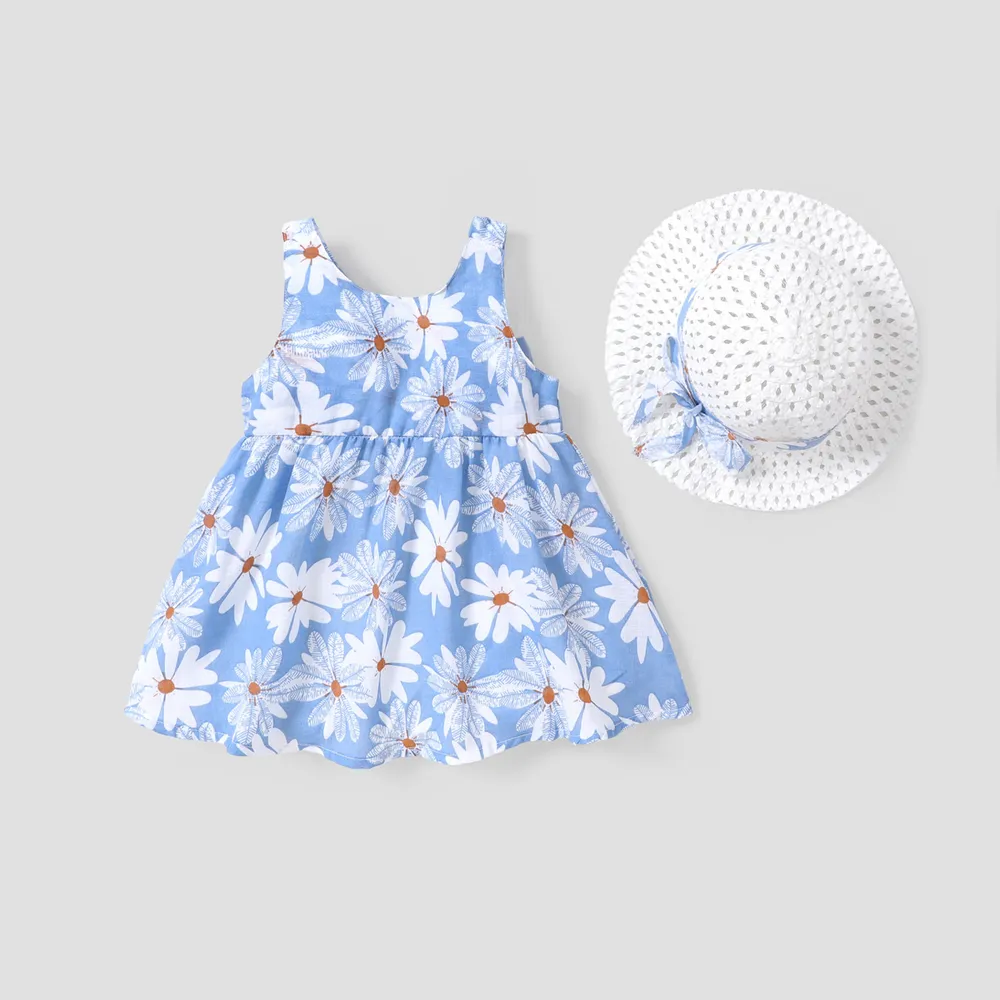 2pcs Baby Girl All Over Daisy Floral Print Bowknot Sleeveless Tank Dress with Hat Set  big image 4