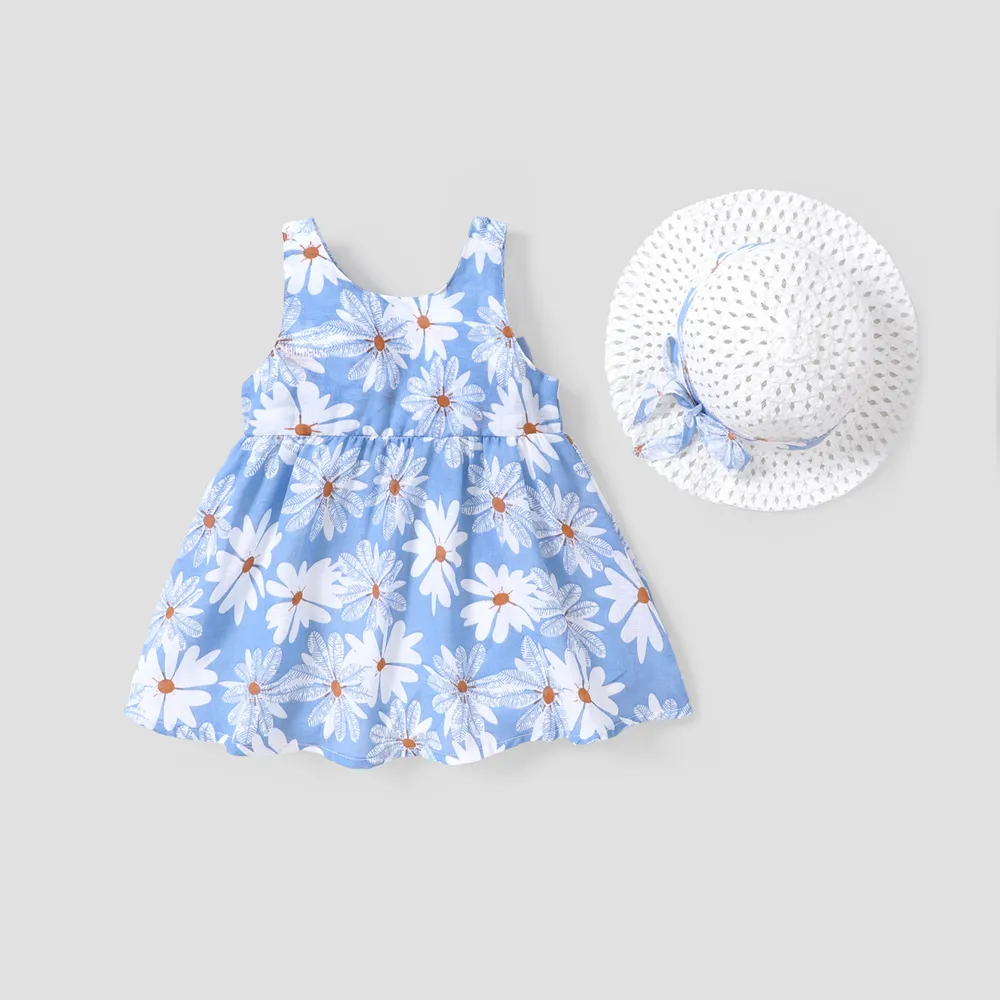 2pcs Baby Girl All Over Daisy Floral Print Bowknot Sleeveless Tank Dress with Hat Set big image 4