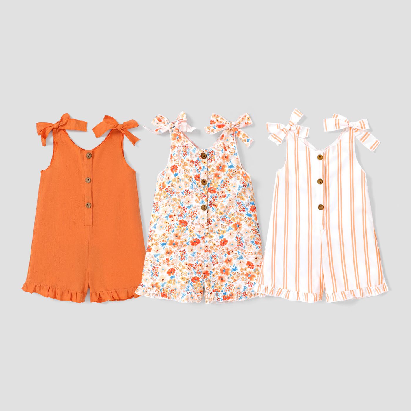 

Toddler Girl Floral Print/Stripe/Orange Button Design Ruffled Cuff Bowknot Strap Romper Jumpsuit Shorts