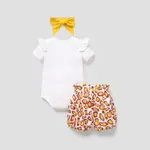 3pcs Baby Girl Cotton Short-sleeve Giraffe & Letter Graphic Romper and Bow Front Naia™ Bloomer Shorts & Headband Set  image 2