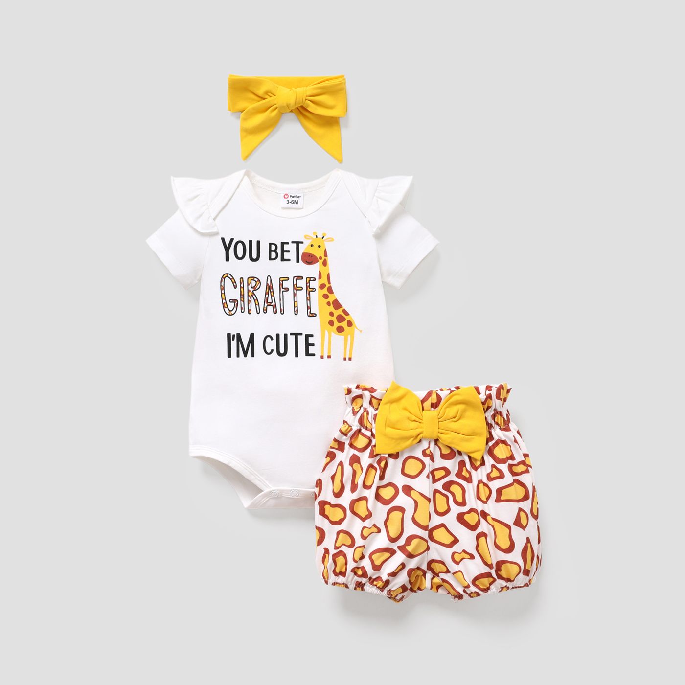 3pcs Baby Girl Cotton Short-sleeve Giraffe & Letter Graphic Romper And Bow Front Naiaâ¢ Bloomer Shorts & Headband Set