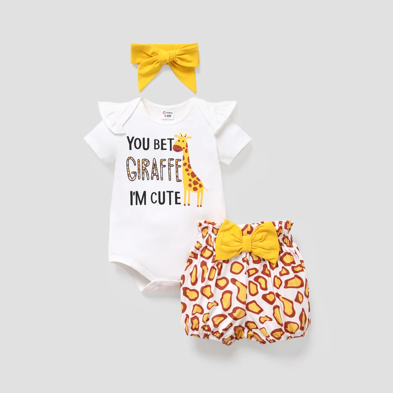 3pcs Baby Girl Cotton Short-sleeve Giraffe & Letter Graphic Romper and Bow Front Naia™ Bloomer Shorts & Headband Set  big image 1
