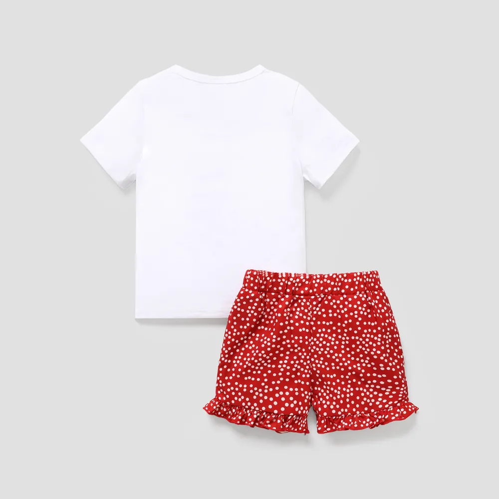 2pcs Toddler Girl Playful Bow Decor Cat Print Tee and Dots Pattern Shorts Set big image 2