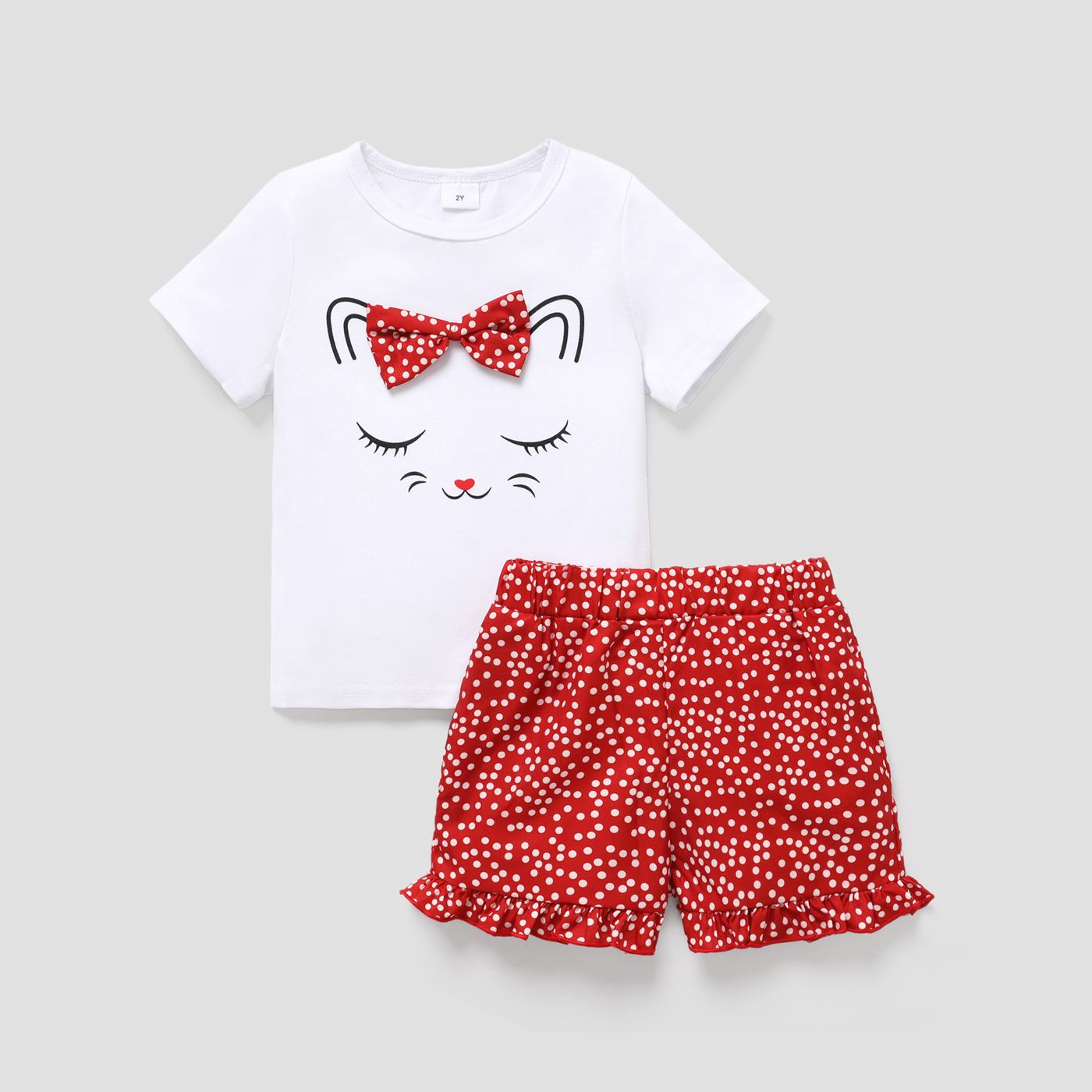 2pcs Toddler Girl Playful Bow Decor Cat Print Tee And Dots Pattern Shorts Set
