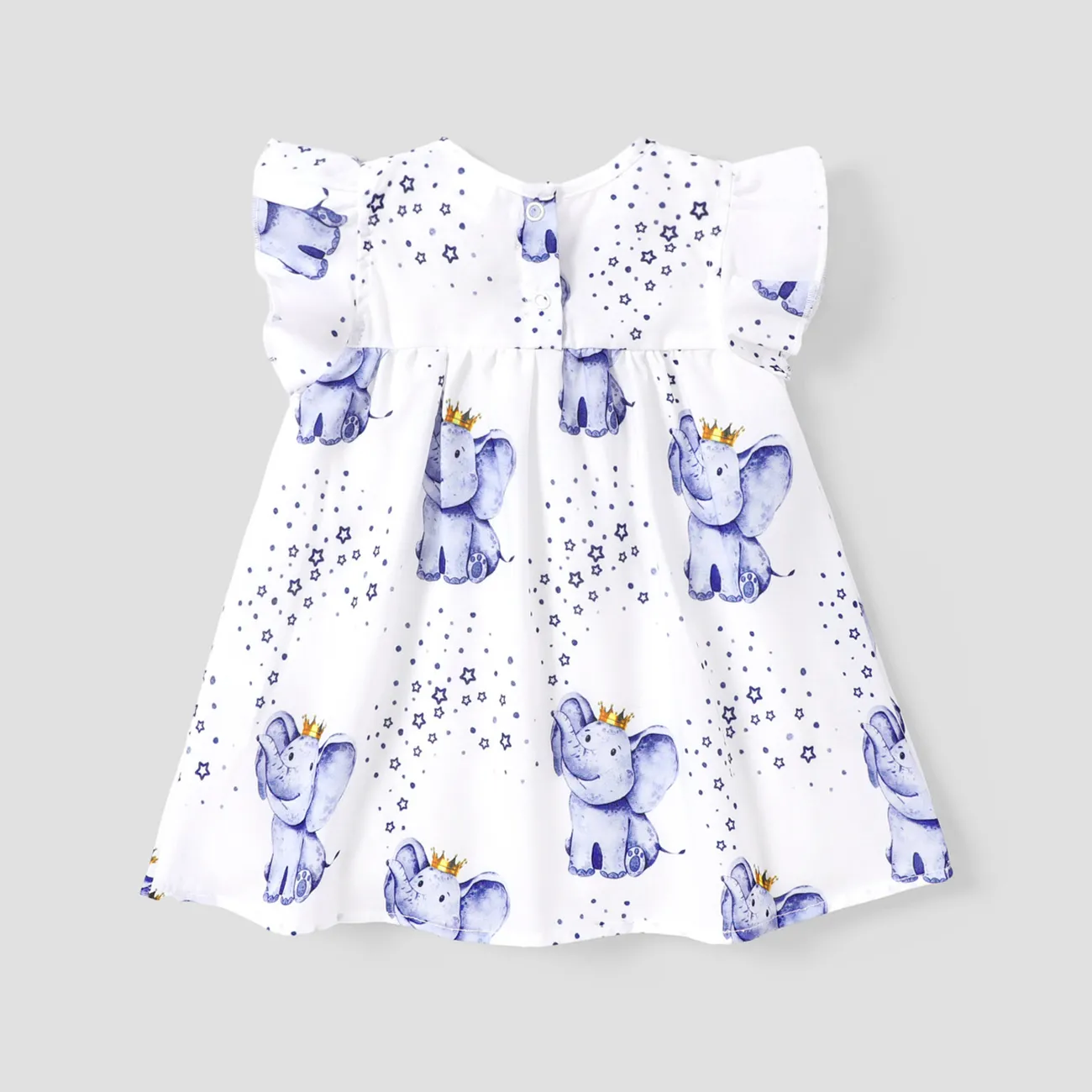 Baby Girl Allover Elephant & Star Print Flutter-sleeve Dress White big image 1