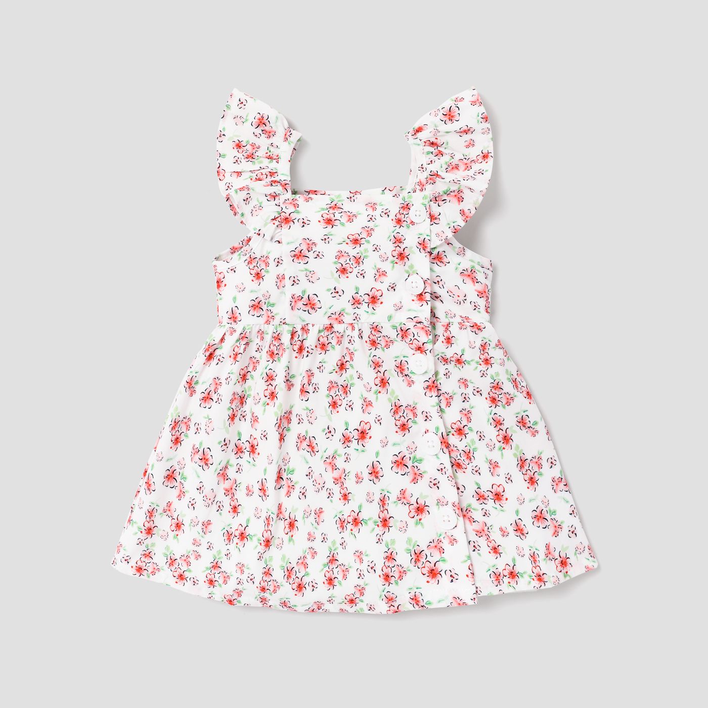 

Baby Girl Floral Print / Solid Square Neck Flutter-sleeve Dress