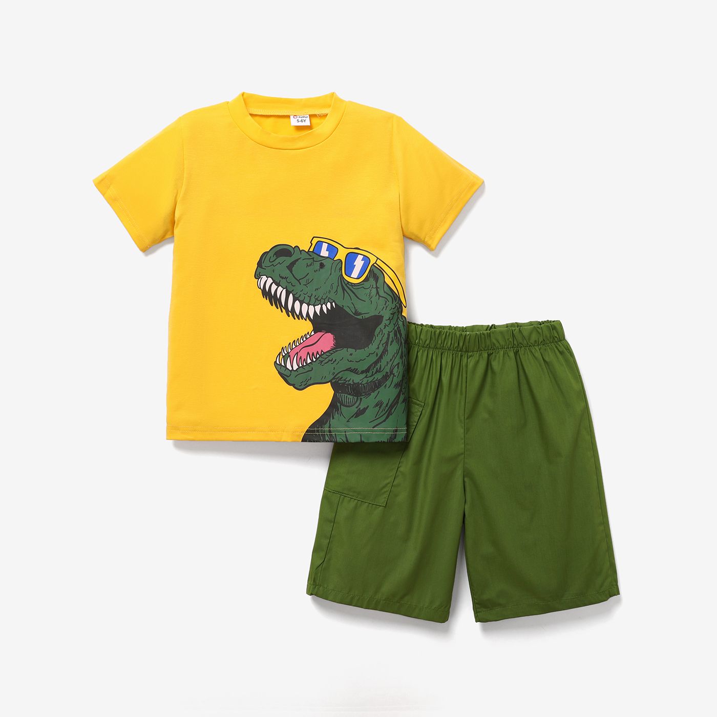2pcs Enfant Garçon Imprimé Dinosaure Tee-shirt à Manches Courtes Et Short Design De Poche Ensemble