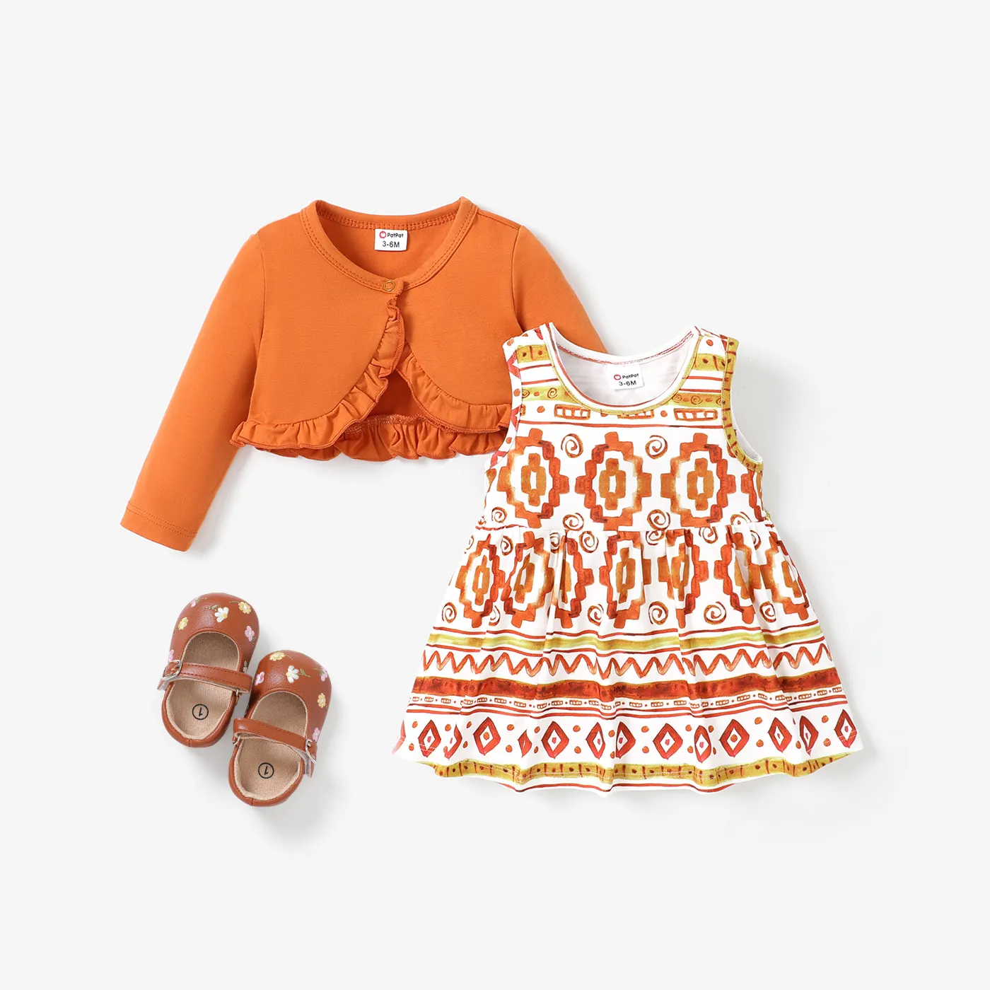 2pcs Baby Girls Geometric Sweet Dress Set with Ruffle Edge Brown big image 1