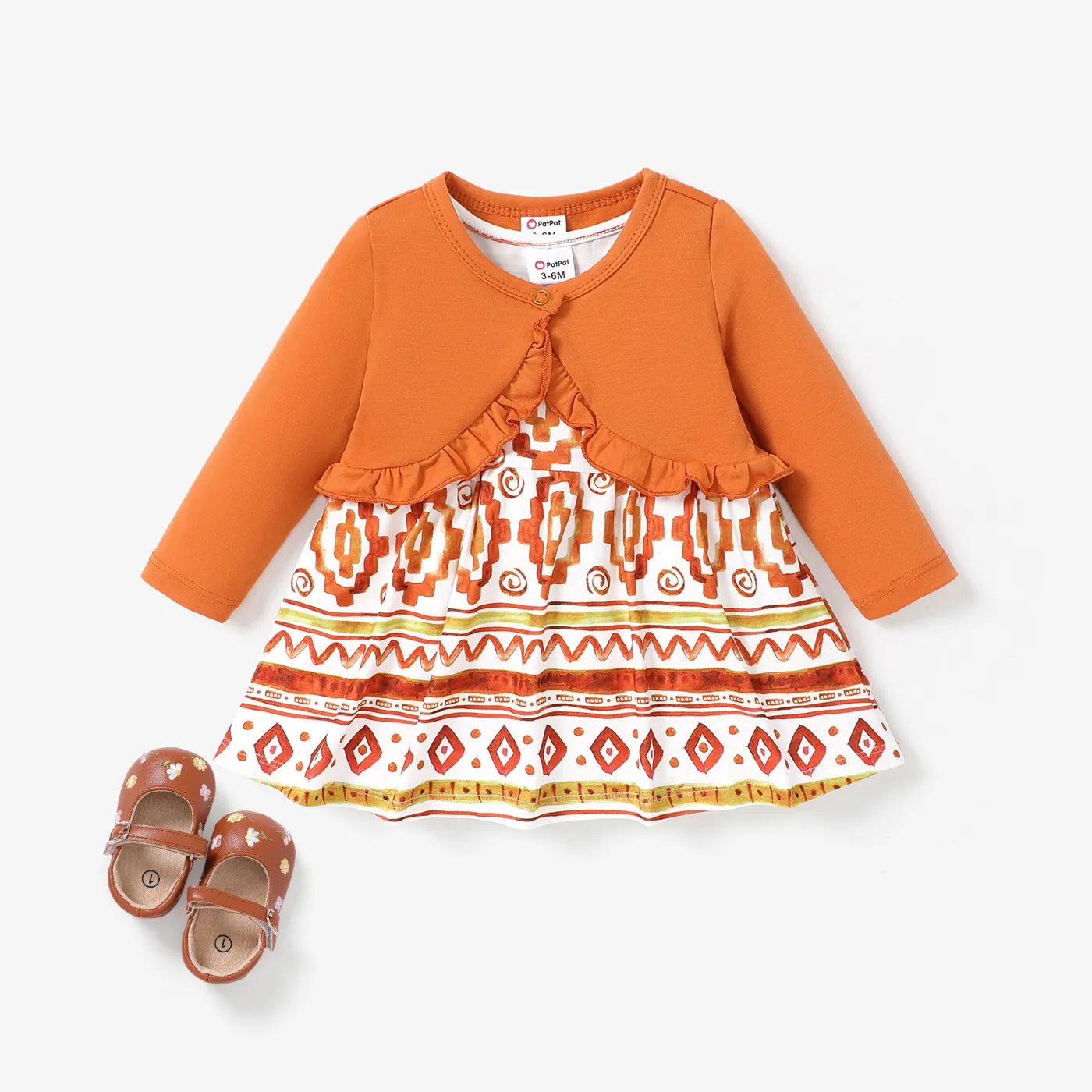 2pcs Baby Girls Geometric Sweet Dress Set with Ruffle Edge Brown image 2
