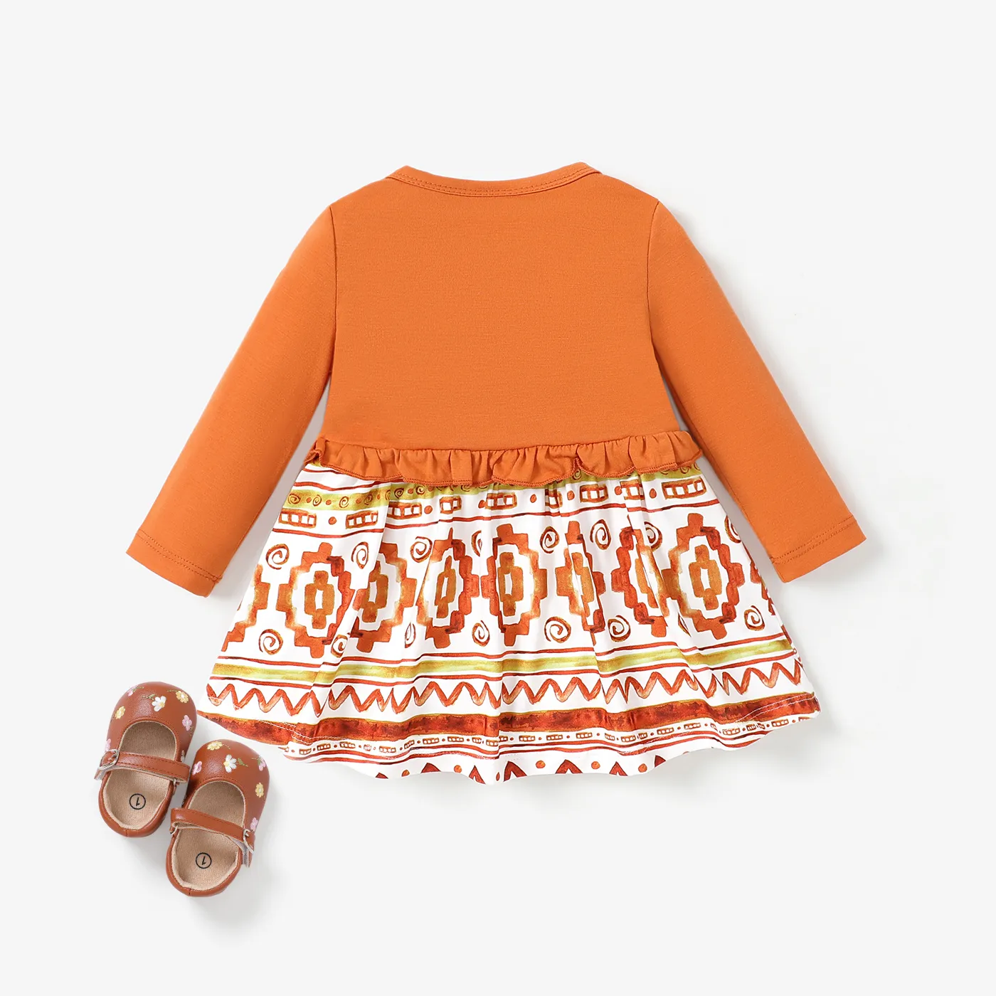 2pcs Baby Girls Geometric Sweet Dress Set with Ruffle Edge Brown image 3