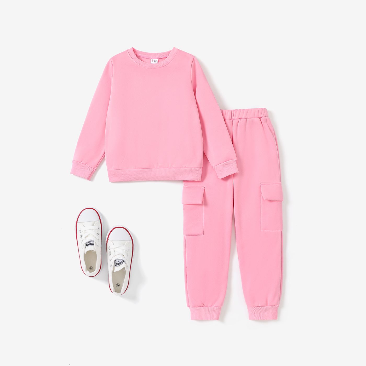 2pcs Kid Girl's Basic Sweatshirt And Patch Pocket Cargo Pants Solid Color Suit