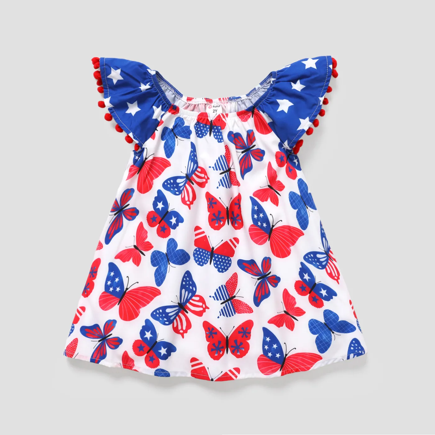 Independence Day Toddler Girl Butterfly Print Pom Pom Decor Short-sleeve Dress Colorful big image 1
