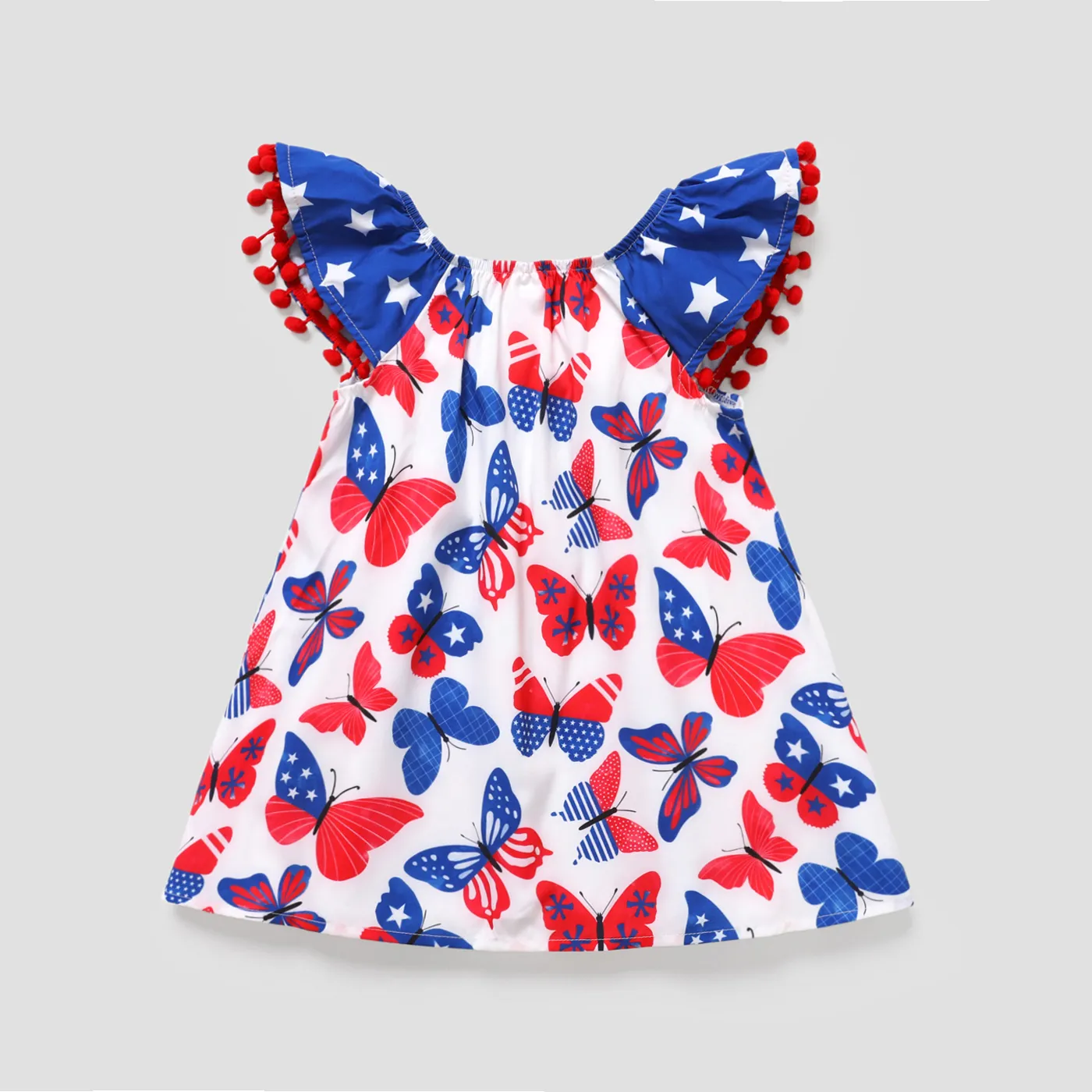 Independence Day Toddler Girl Butterfly Print Pom Pom Decor Short-sleeve Dress Colorful image 2