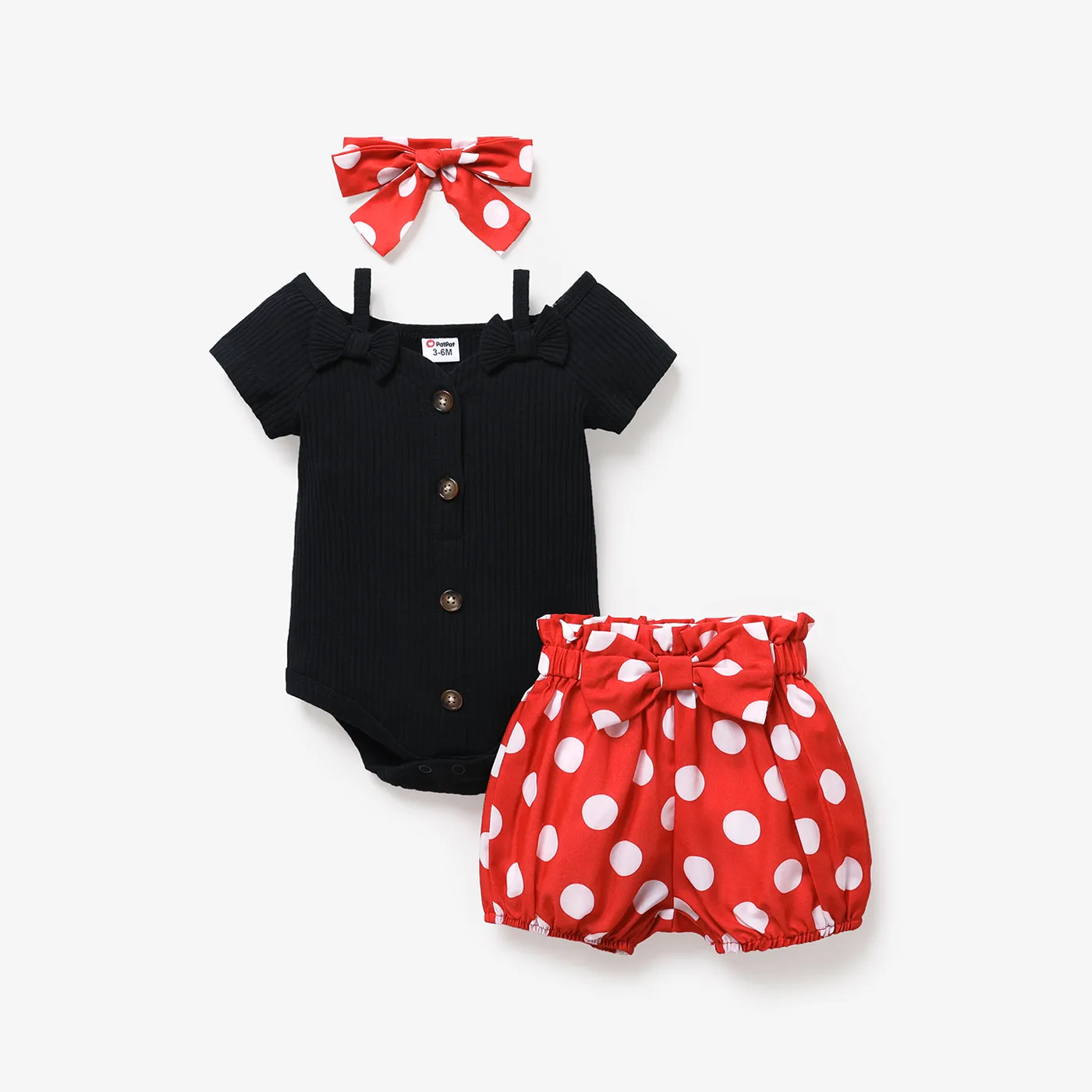 3pcs Baby Girl Black Cotton Ribbed Cold Shoulder Short-sleeve Button Front Romper and Polka Dots Print Short-sleeve & Headband Set Black big image 1