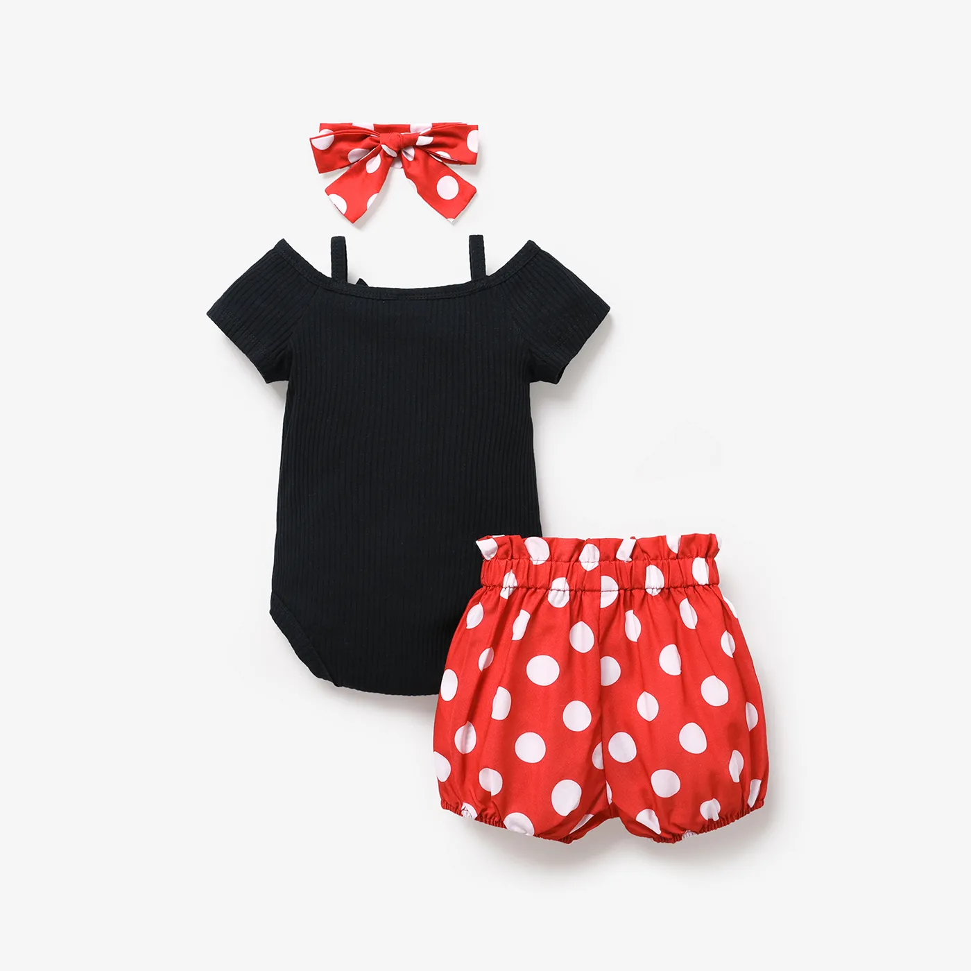 3pcs Baby Girl Black Cotton Ribbed Cold Shoulder Short-sleeve Button Front Romper and Polka Dots Print Short-sleeve & Headband Set Black image 2