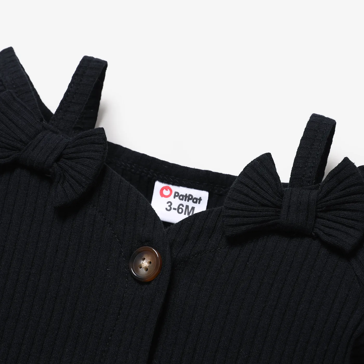 3pcs Baby Girl Black Cotton Ribbed Cold Shoulder Short-sleeve Button Front Romper and Polka Dots Print Short-sleeve & Headband Set Black image 3