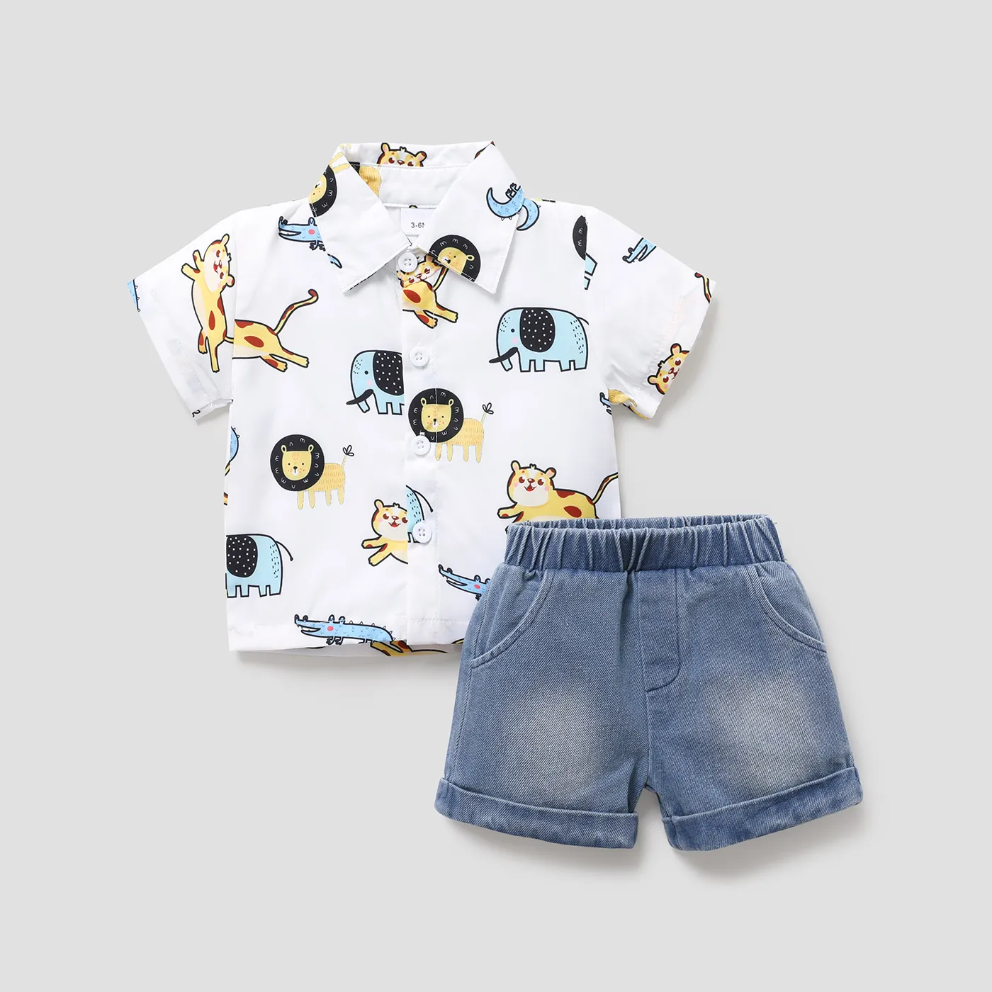 2pcs Baby Boy Allover Animals Print Front Buttons Lapel Collar Short-sleeve Shirt and Pockets Denim Shorts Set