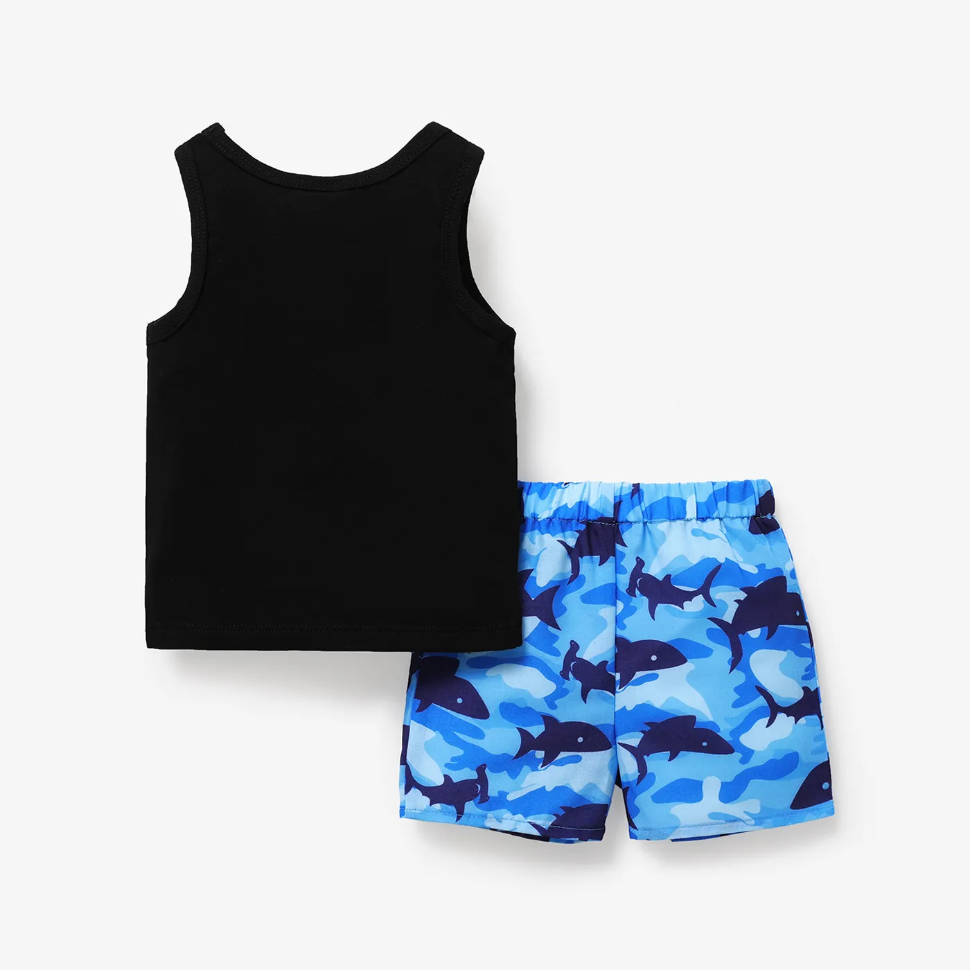 2pcs Baby Boy Cotton Shark & Letter Graphic Tank Top and Allover Print Shorts Set ColorBlock image 4