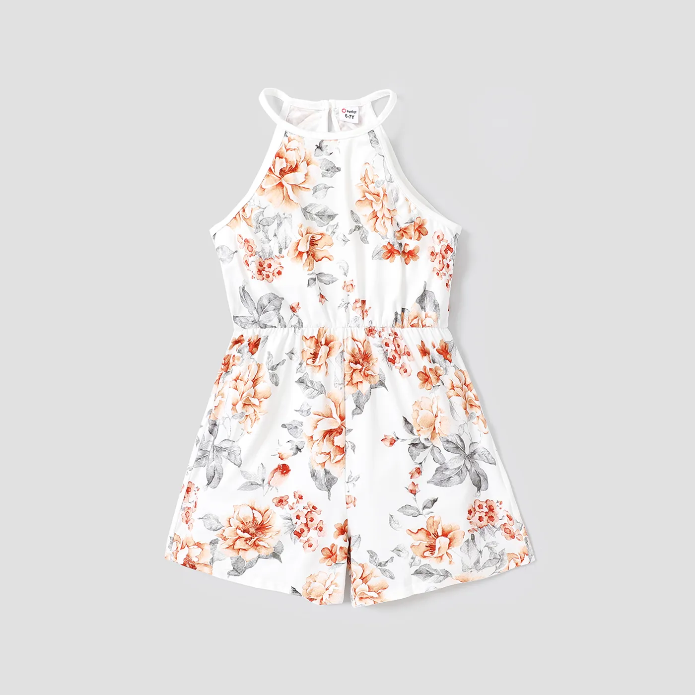 Kid Girl Floral Print Halter Rompers Beige big image 1
