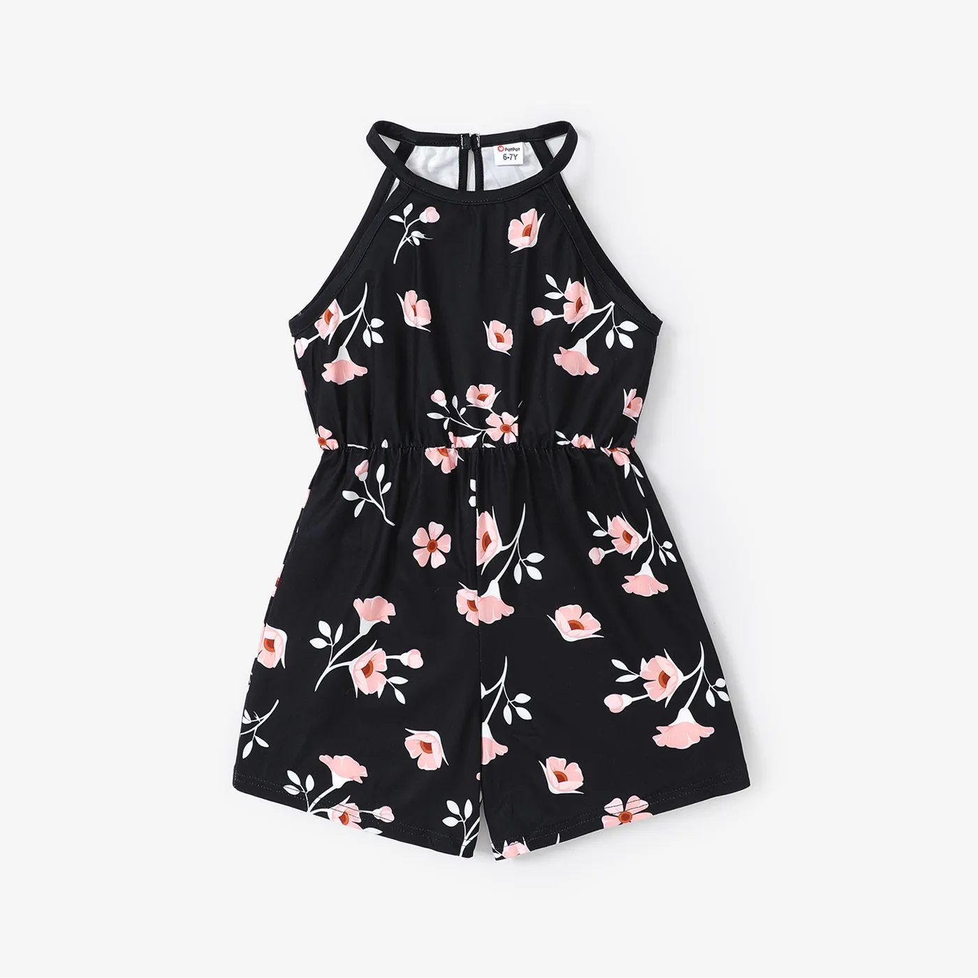 Kid Girl Floral Print Halter Rompers Black