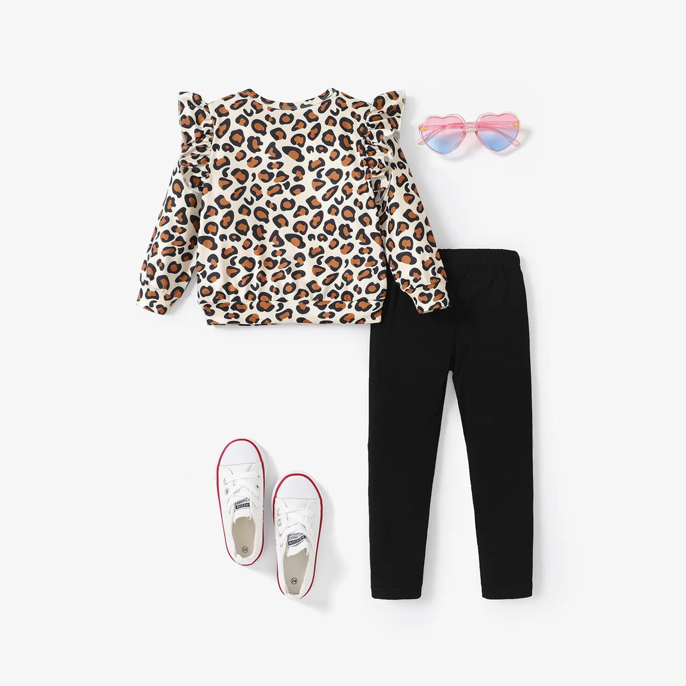 2pcs Kid Girl Leopard Flutter Sleeve Set YellowBrown image 2