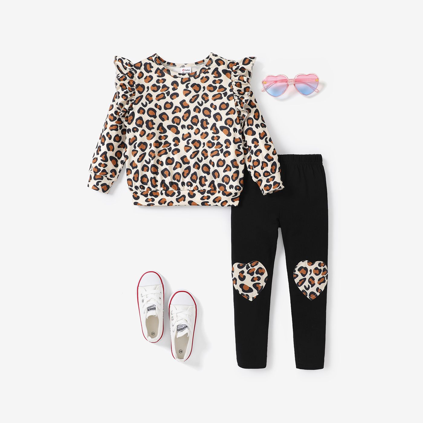 2pcs Kid Girl Leopard Flutter Sleeve Set