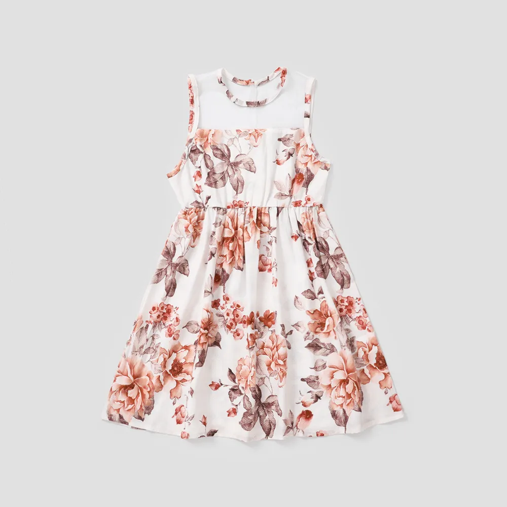 Kid Girl Floral Print Mesh Design Sleeveless Dress  big image 1
