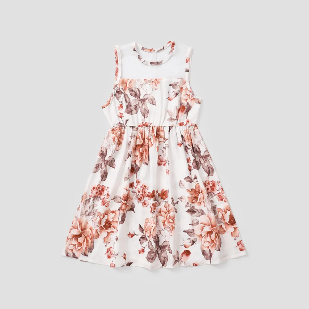 Kid Girl Floral Print Mesh Design Sleeveless Dress big image 1