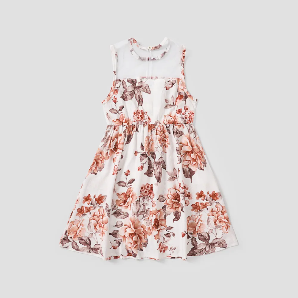Kid Girl Floral Print Mesh Design Sleeveless Dress big image 2