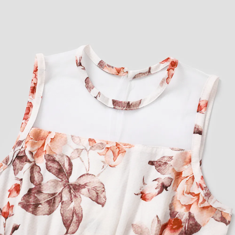 Kid Girl Floral Print Mesh Design Sleeveless Dress big image 3