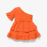 Baby Girl 100% Cotton Solid One Shoulder Flare-sleeve Belted Layered Ruffled Dress  image 2