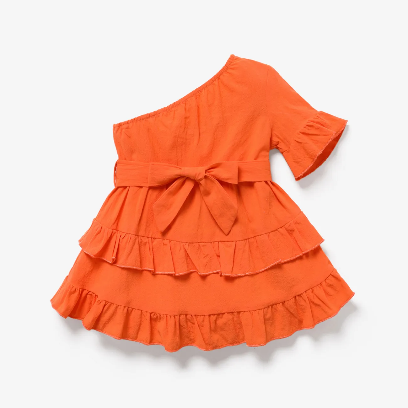 Baby Girl 100% Cotton Solid One Shoulder Flare-sleeve Belted Layered Ruffled Dress  big image 1