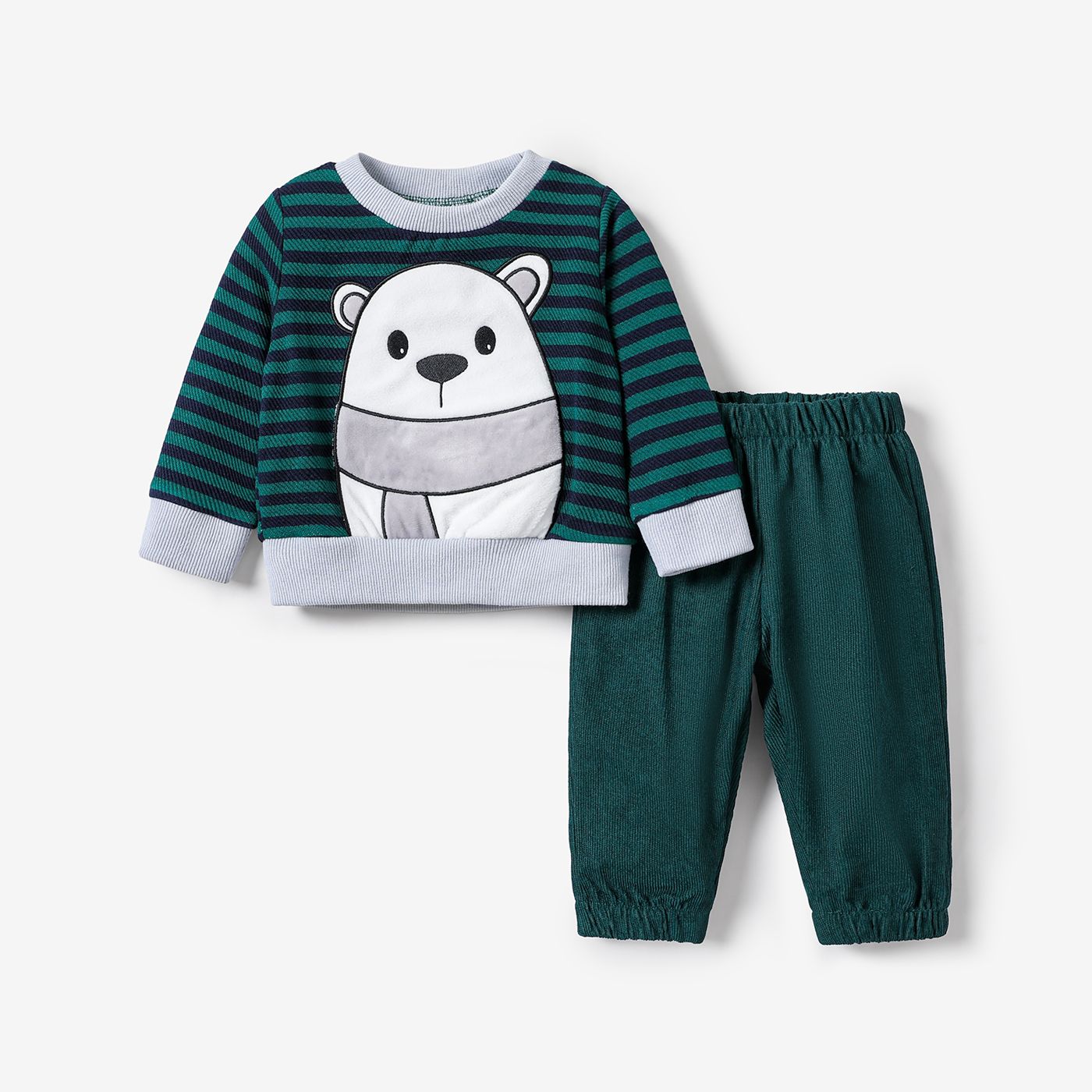 2pcs Baby Boy Childlike Bear And Stripe Pattern Long Sleeve Set