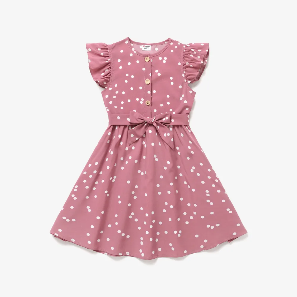Kid Girl Polka dots Button Design Flutter-sleeve Belted Flutter-sleeve Dress  big image 1