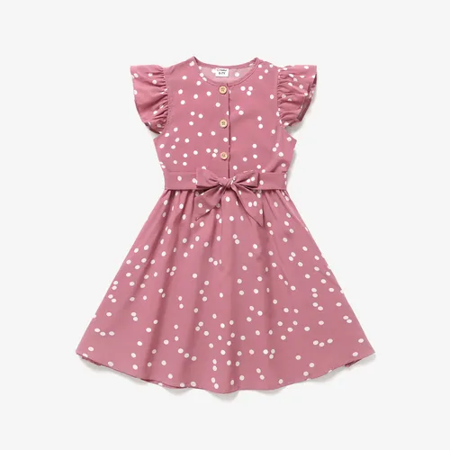 Kid Girl Polka dots Button Design Flutter-sleeve Belted Flutter-sleeve Dress