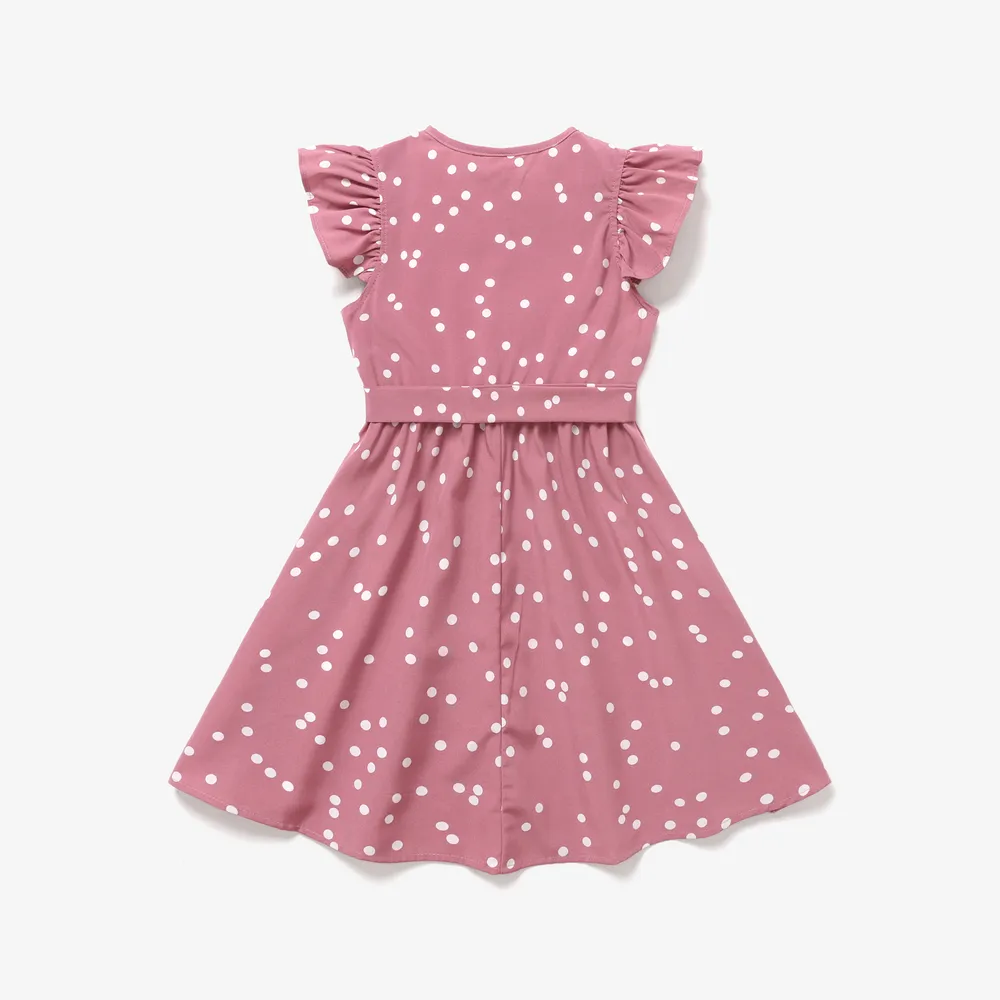Kid Girl Polka dots Button Design Flutter-sleeve Belted Flutter-sleeve Dress big image 2