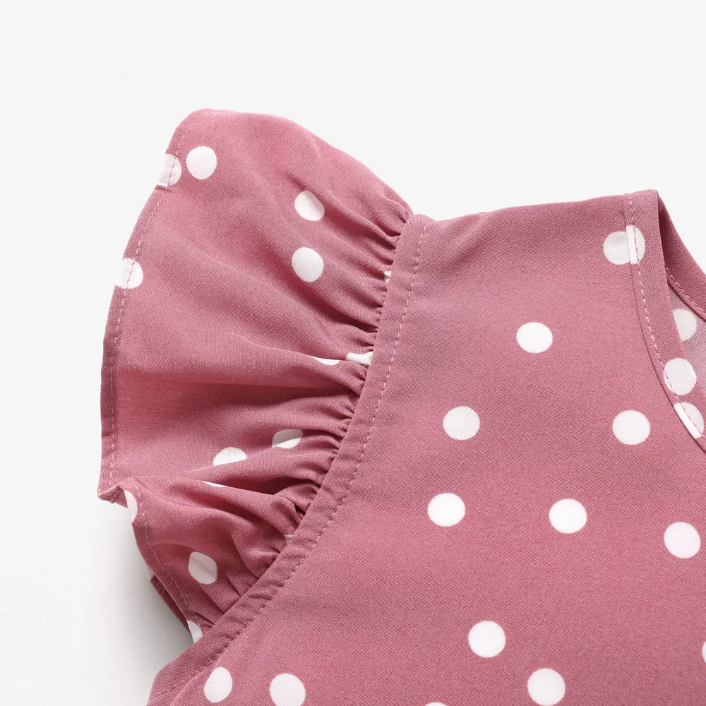 Kid Girl Polka dots Button Design Flutter-sleeve Belted Flutter-sleeve Dress  big image 4