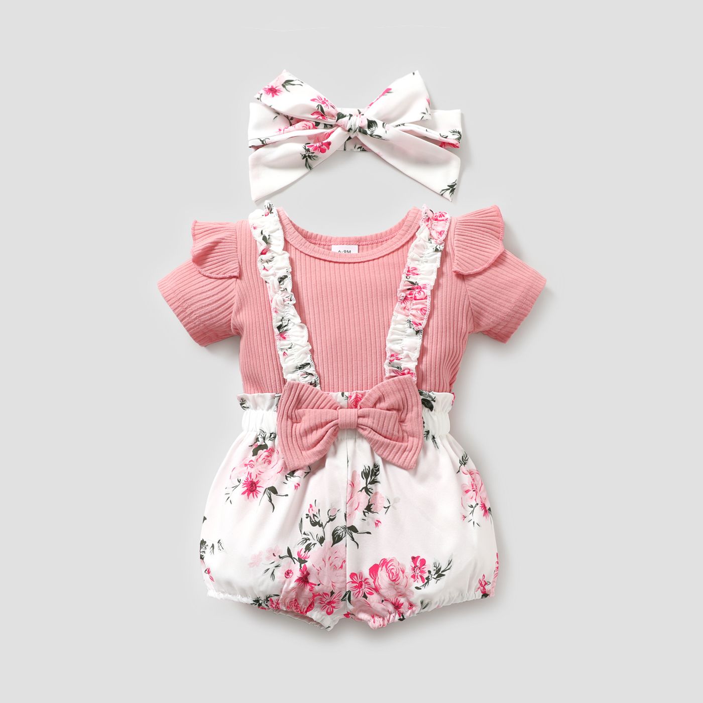 3pcs Baby Girl Solid Cotton Ribbed Ruffle Short-sleeve Romper And Floral Print Suspender Shorts & Headband Set
