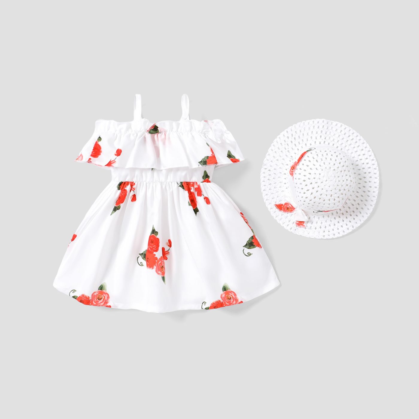 2pcs Baby Girl Floral Print Blue Sleeveless Spaghetti Strap Ruffle Dress With Hat Set